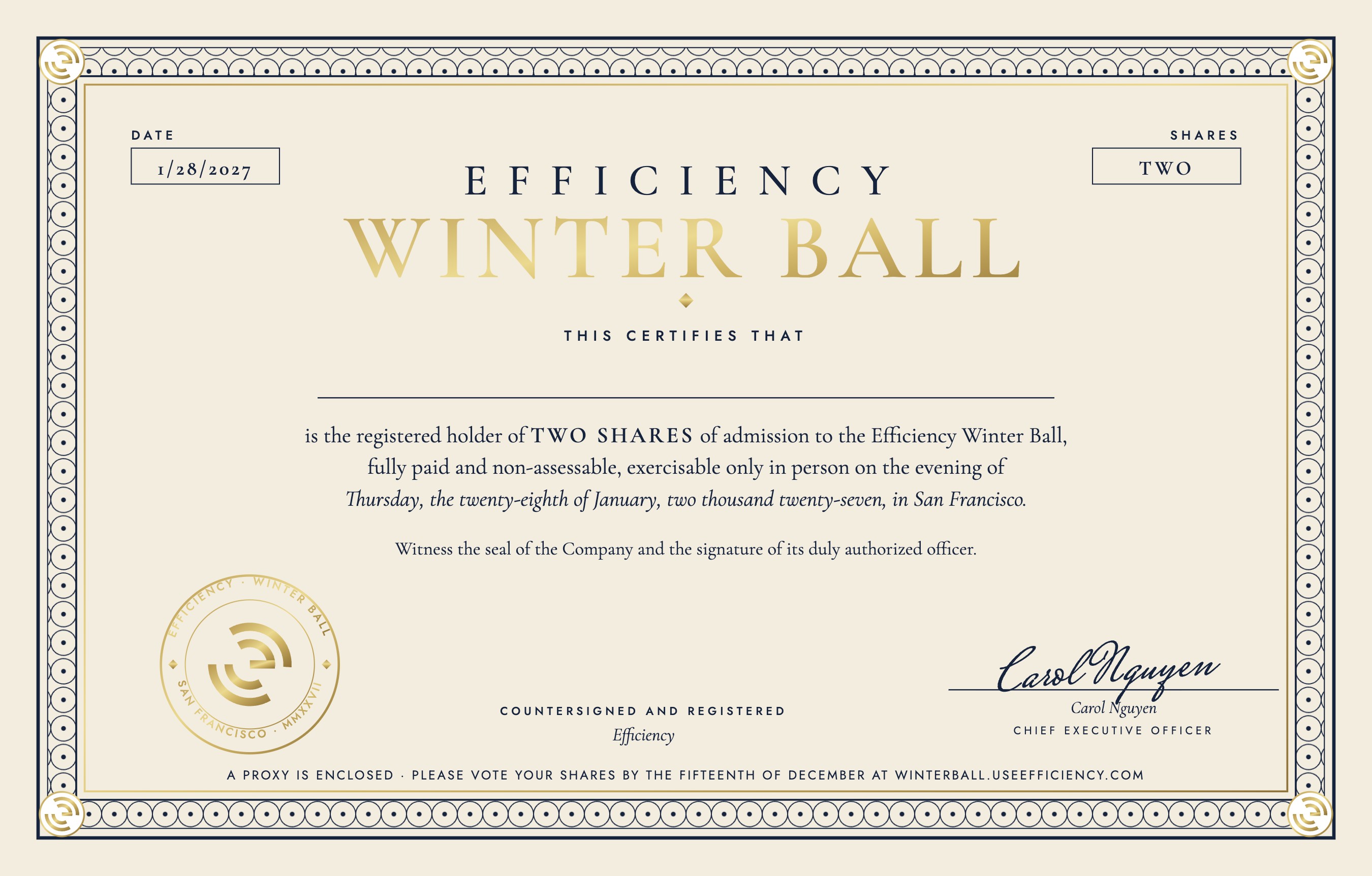 The certificate: letterpress in door blue with gold foil title and seal
