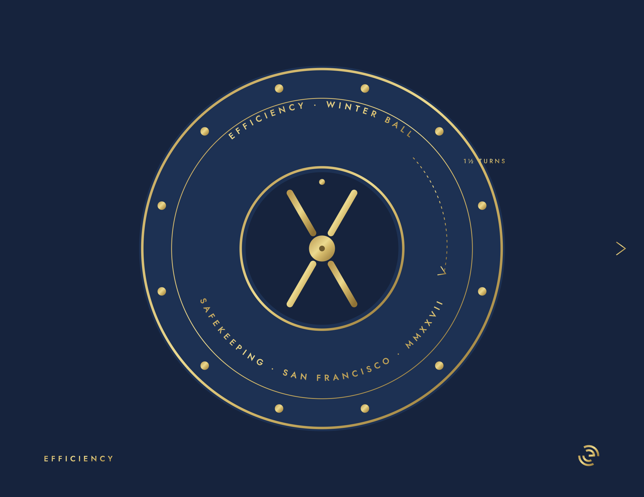 The vault sleeve face: gold foil rings, bolts and ring text on door blue, with the dial at center